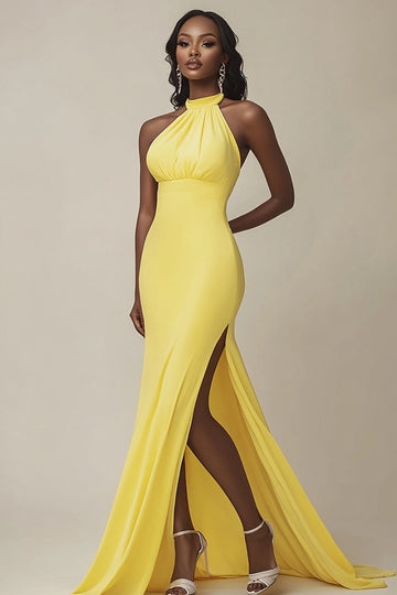 Yellow Satin Halter Mermaid Long Evening Dress with Slit